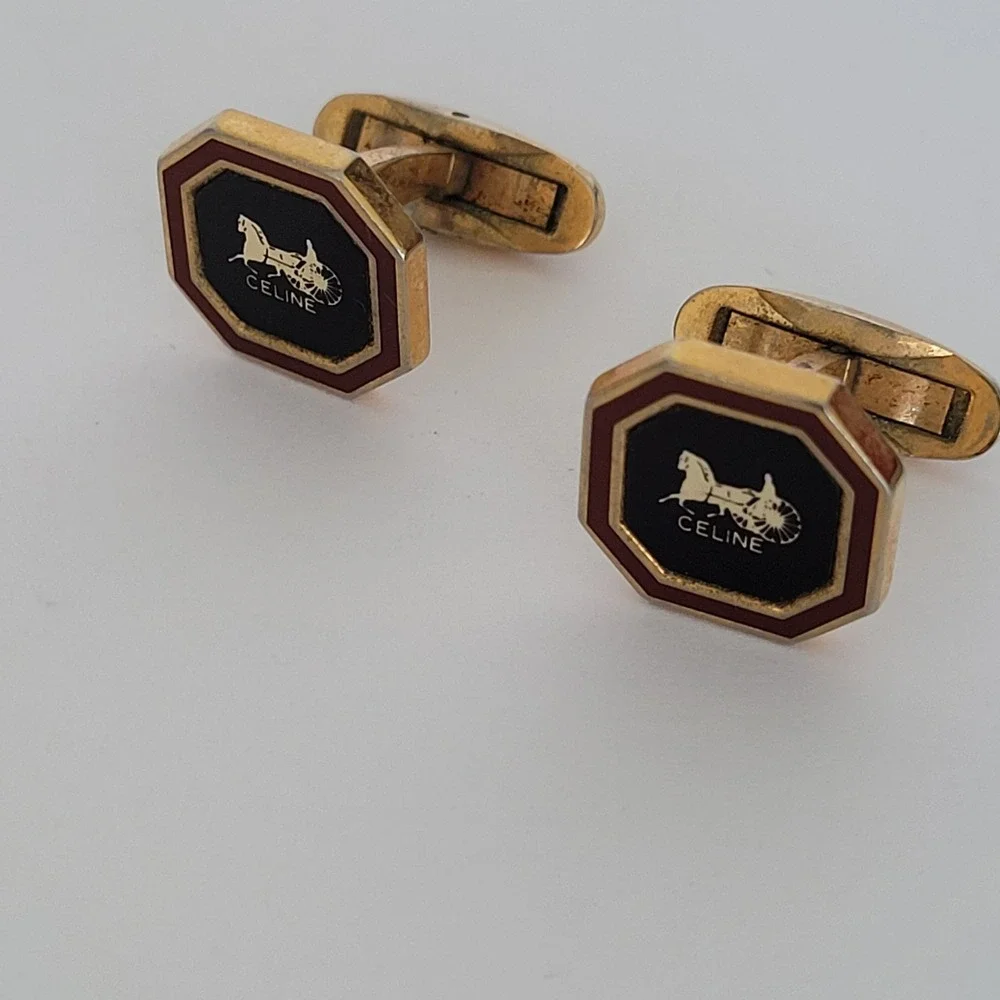 Celine Vintage Horse Carriage Logo Octagon Cufflinks Gold Tone Enamel Black Red